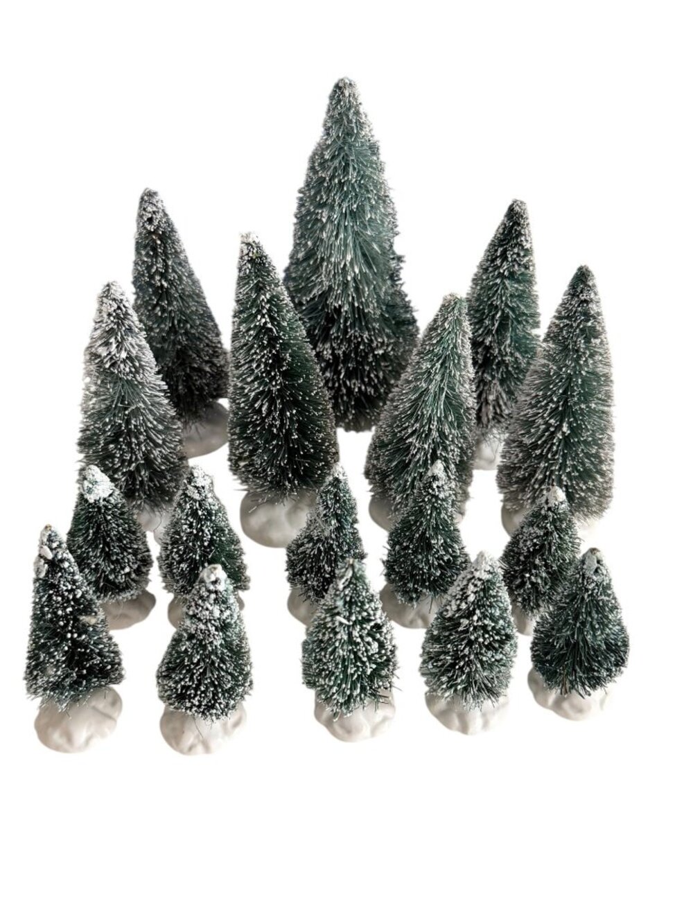 Vintage Lemax Snow Flocked Bottle Brush Christmas Trees Lot of 17 Village 2 4 6"